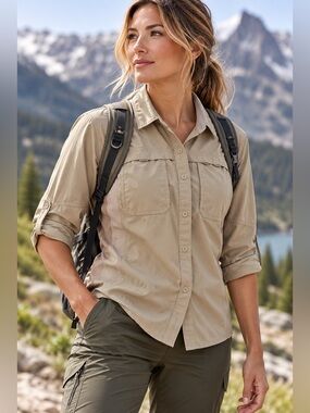 REI Co-op Women’s Sahara Long-Sleeve Hiking Shirt khaki Nylon Stretch Utility L
